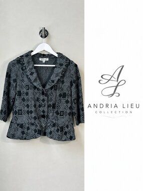 Andria Lieu Collection Grey Black Geometric Ruffle Blazer Jacket Size M